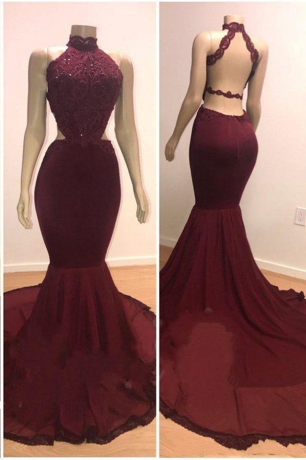 Ballbella offers Lace Top High Neck Mermaid Long Burgundy Prom Dresses at a cheap price from Lace to Mermaid hem. Gorgeous yet affordable Sleeveless Real Model Series.