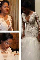 Lace Tulle Floor Length Mermaid V neck Long Sleevess Wedding Dresses-Ballbella