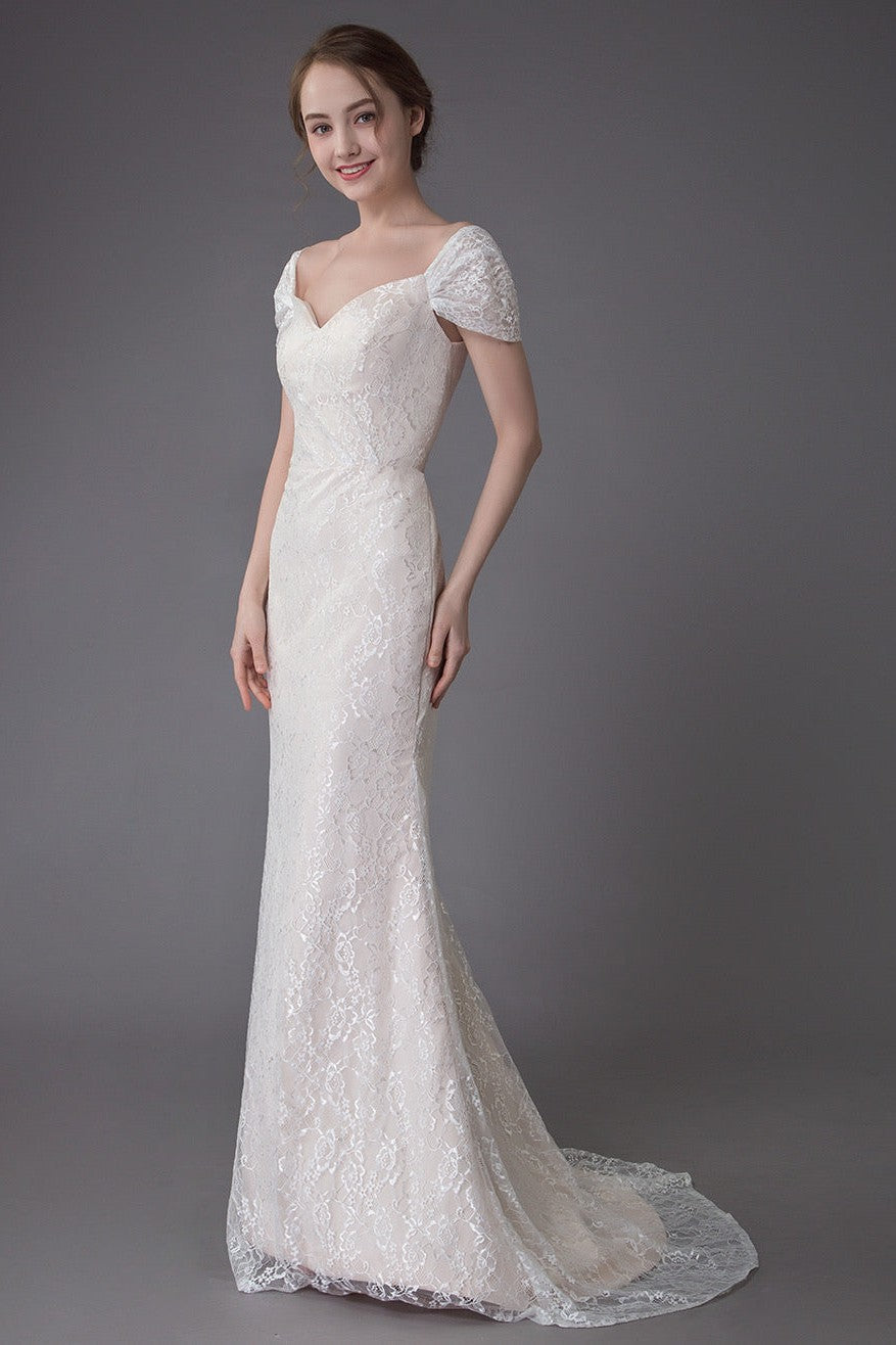 Lace Wedding Dress Vanilla Cream Sweetheart Short Sleeve Bridal Dress Mermaid Bridal Gown With Train Exclusive Lace Wedding Dress Vanilla Cream Sweetheart Short Sleeve Bridal Dress Mermaid Bridal Gown With Train Exclusive