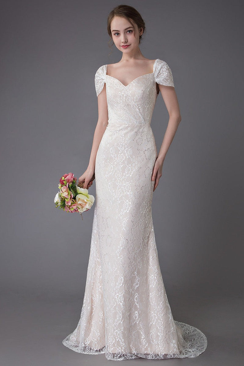 cream lace mermaid dress Elegant Beaded Lace Light Ivory V-Neck Embroidery Satin Mermaid Wedding Dress