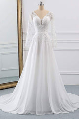 Lace Wedding Dresses Chiffon Chic V-Neck A-line Long Sleeve Lace Applique Beach Wedding Bridal Dress With Train Free Customization-Ballbella