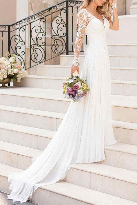 Lace Wedding Dresses Chiffon Chic V-Neck A-line Long Sleeve Lace Applique Beach Wedding Bridal Dress With Train Free Customization-Ballbella