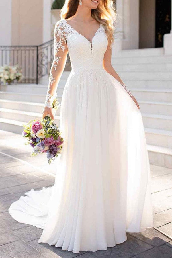 Lace Wedding Dresses Chiffon Chic V-Neck A-line Long Sleeve Lace Applique Beach Wedding Bridal Dress With Train Free Customization-Ballbella