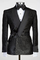 Lapel Sparkling Black Men's Suit with Ribbon Belt-Ballbella