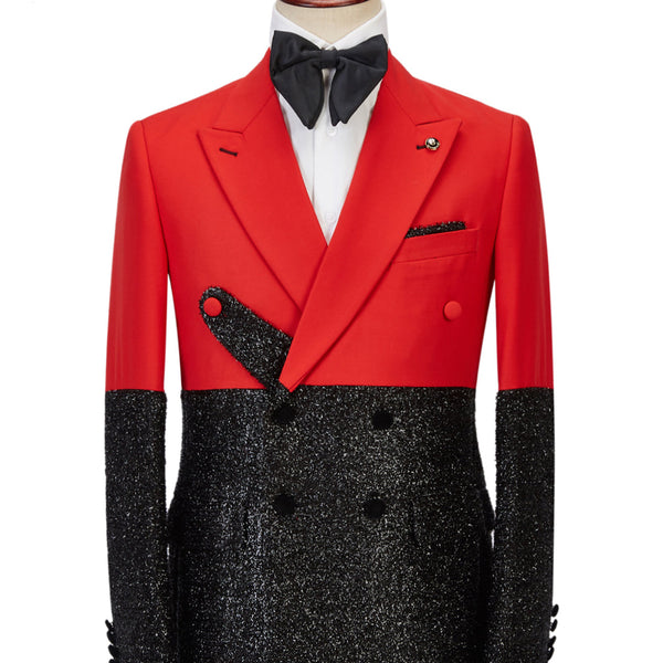 Latest Peak Lapel Bright Red Classy Sparkle Black Designer Men's Suit