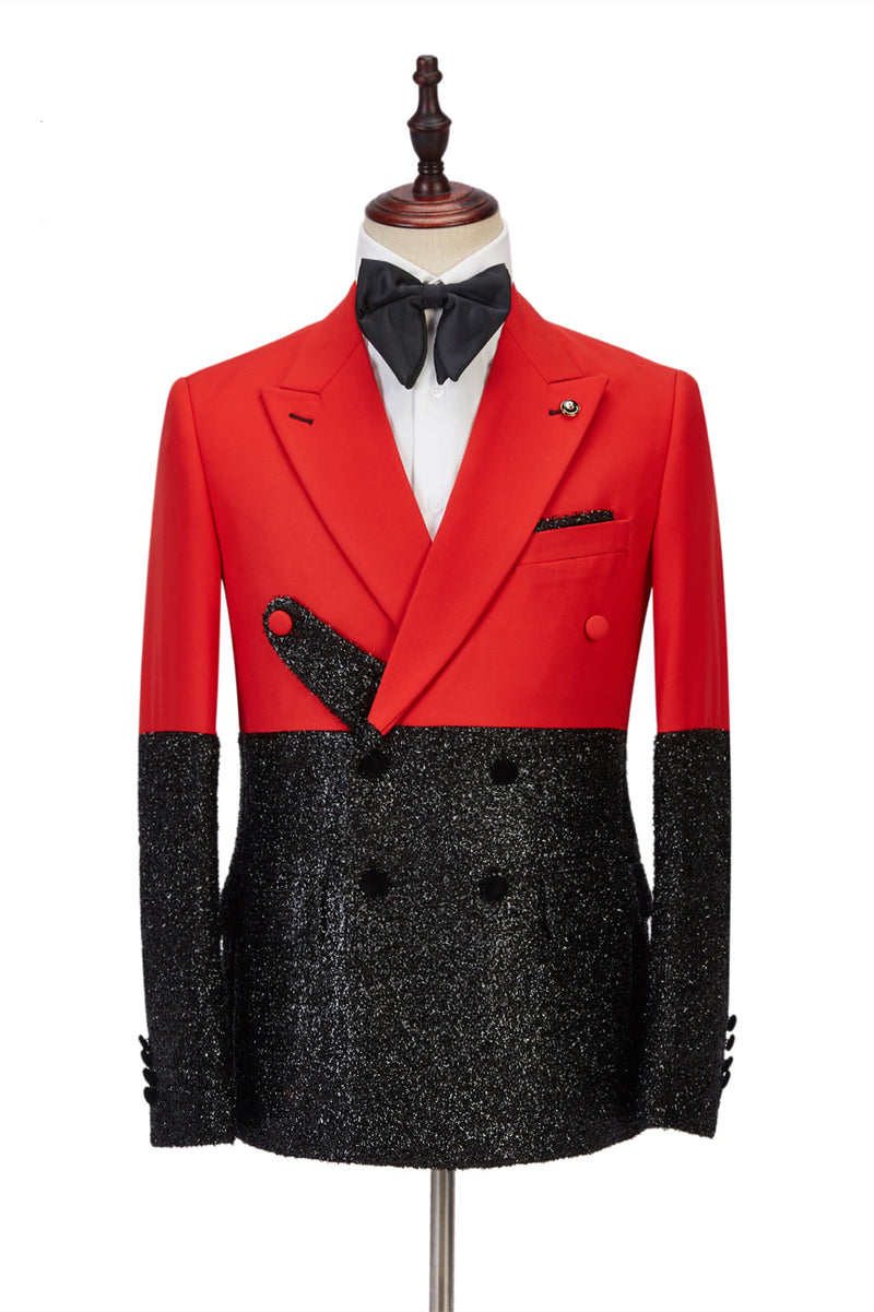 Latest Peak Lapel Bright Red Classy Sparkle Black Designer Men's Suit-Ballbella