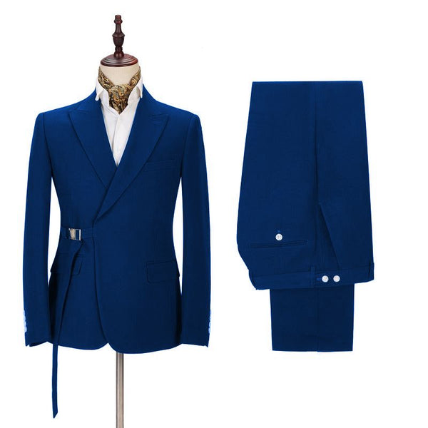 Latest Royal Blue Men's Casual Suit Online Peak Lapel Buckle Button Groomsmen Suit for Formal-Ballbella