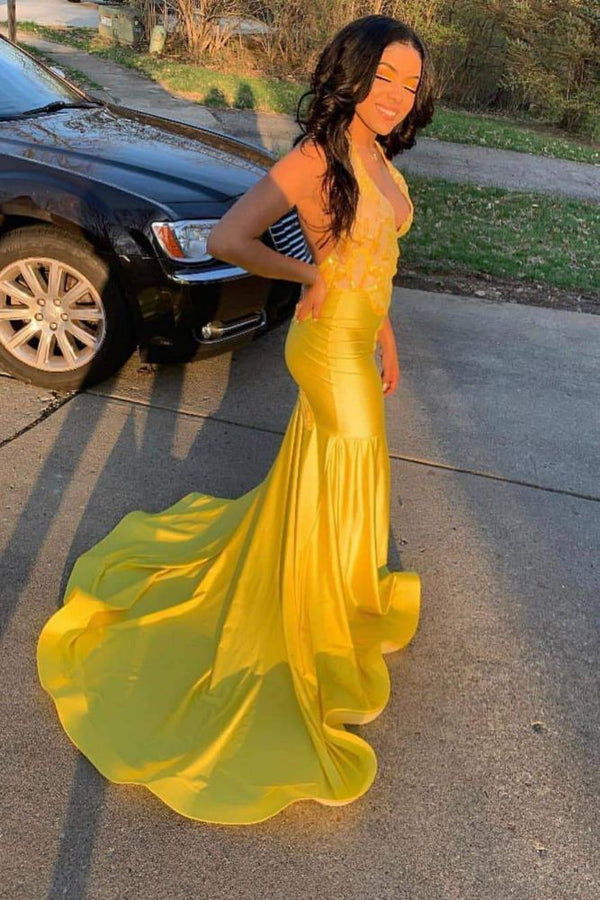 Looking for Prom Dresses in Stretch Satin,  Mermaid style,  and Gorgeous work? Ballbella has all covered on this elegant Latest V-neck Halter Appliques Brush Train Mermaid Prom Dresses.