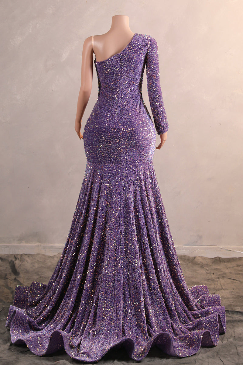Lavender Purple One shoulder Long sleeves Keyhole sequin Prom Dresses-Ballbella