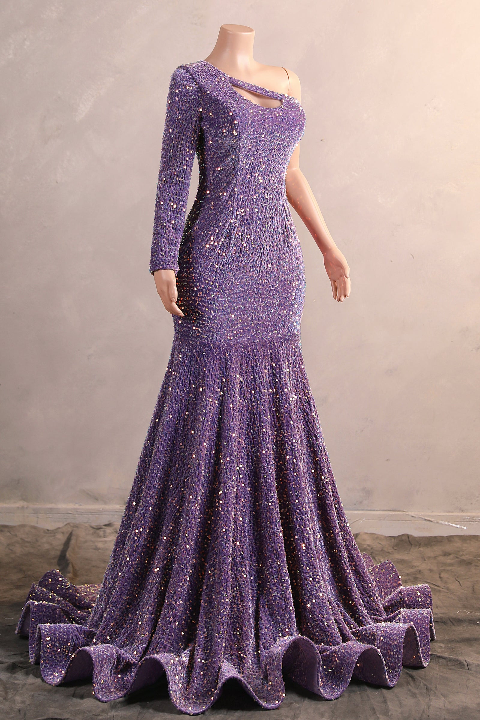 purple long sleeve dress Lavender Purple One shoulder Long sleeves Keyhole sequin Prom Dresses