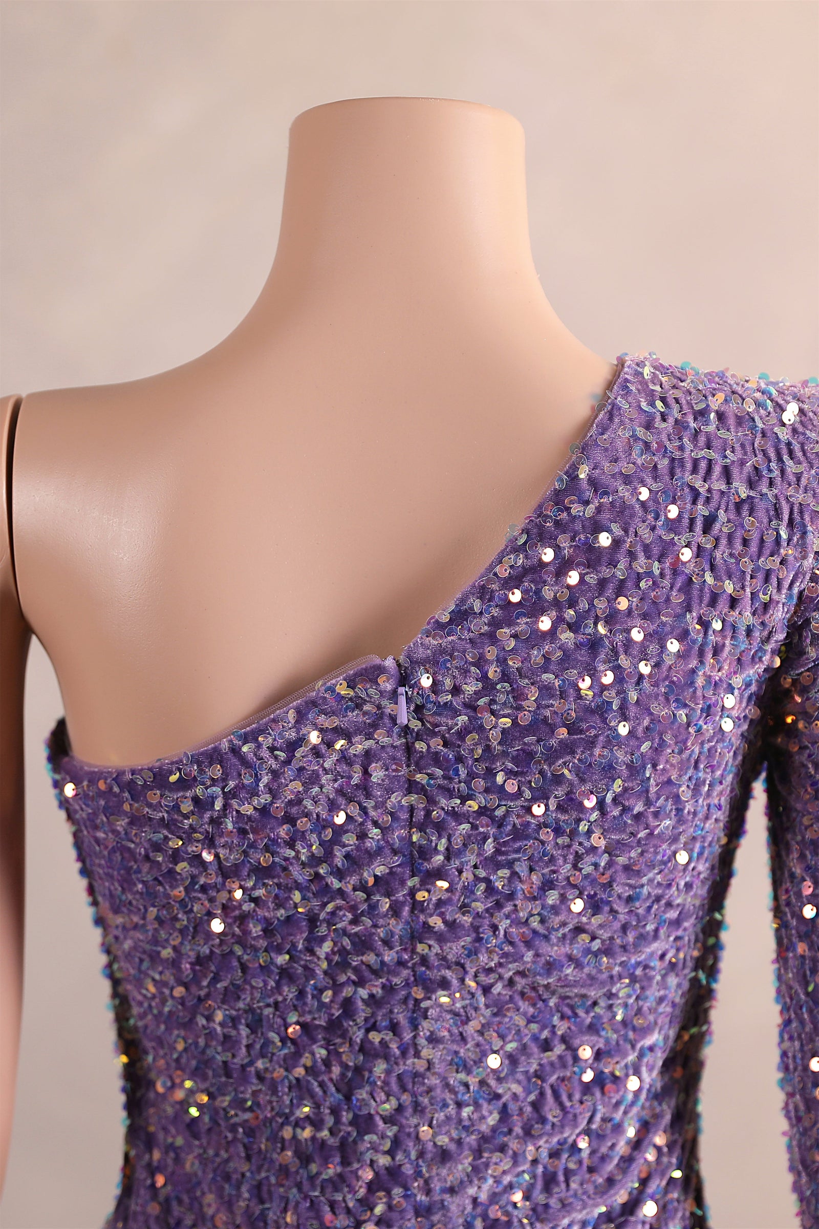 Lavender Purple One shoulder Long sleeves Keyhole sequin Prom Dresses   Ballbella