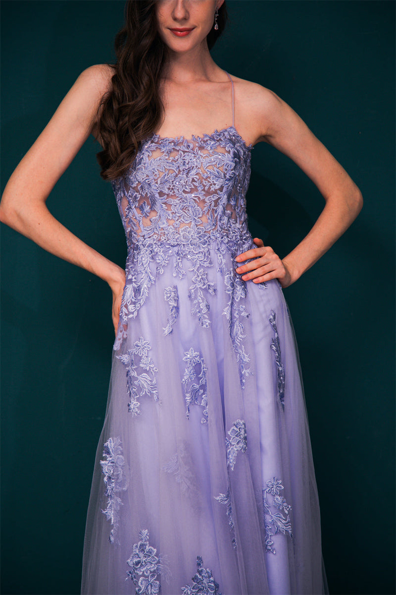 Lavender Spaghetti Strap Lace Appliques High Split Prom Dress, Lavender / US2 Lavender Spaghetti Strap Lace Appliques High Split Prom Dress, Lavender / US2