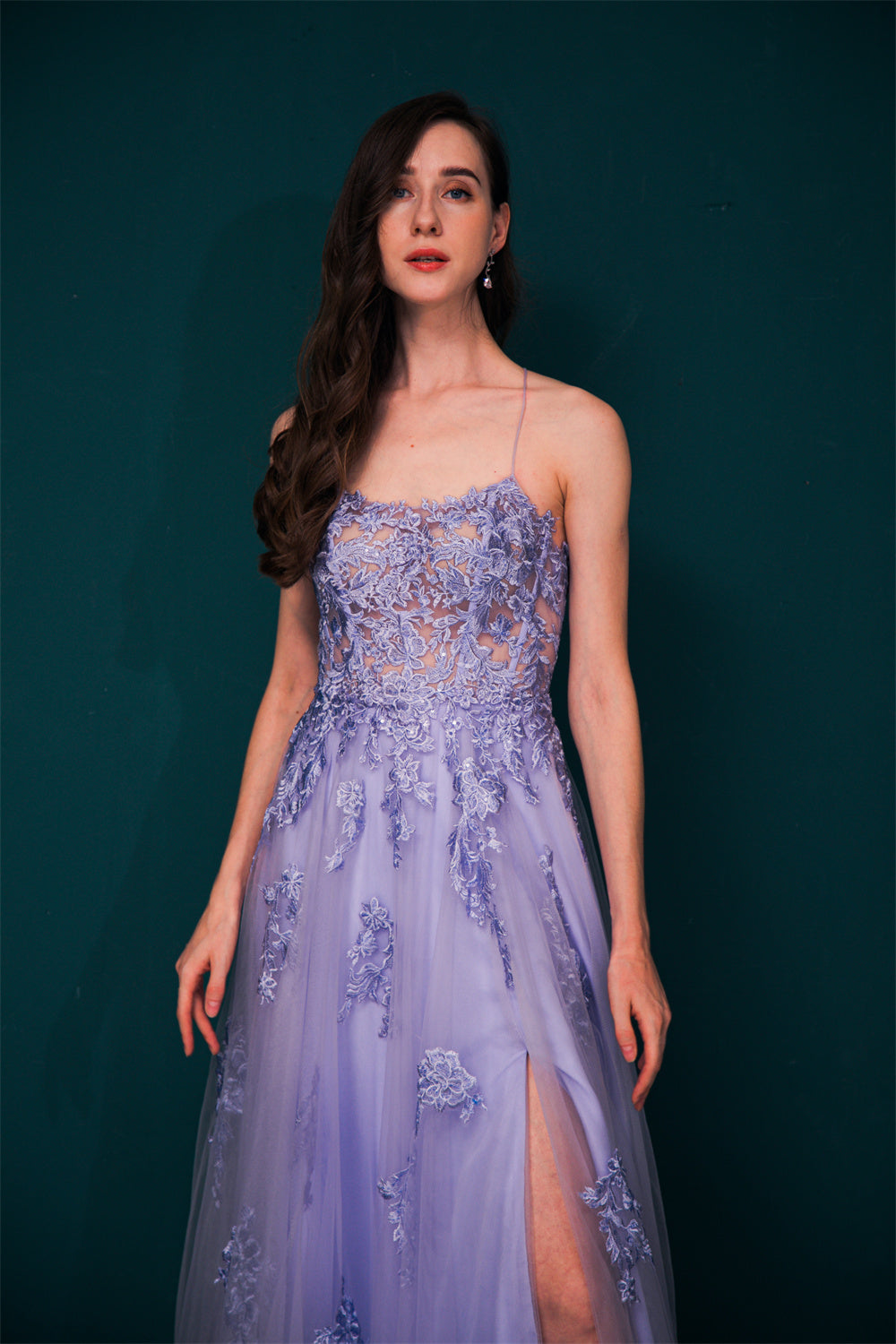 Lavender Spaghetti Strap Lace Appliques High split Prom Dress, Lavender / US2