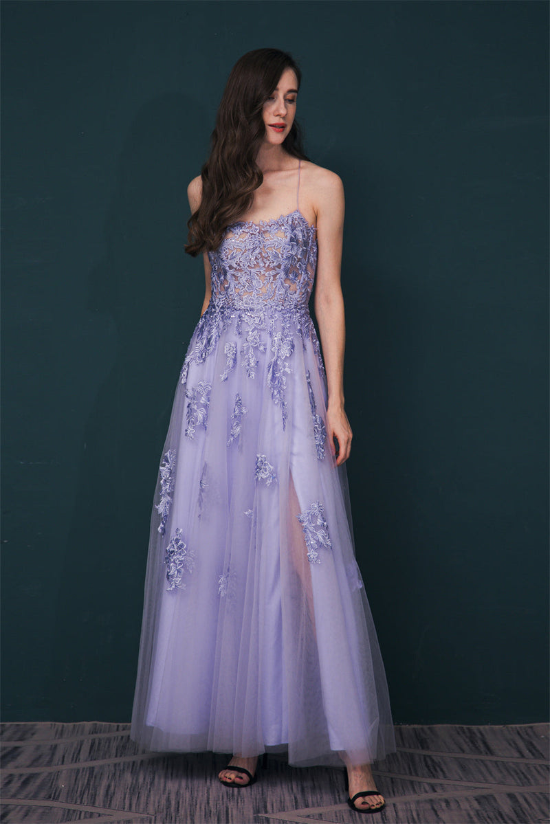 Lavender Spaghetti Strap Lace Appliques High split Prom Dress Ballbella Lavender Spaghetti Strap Lace Appliques High split Prom Dress Ballbella