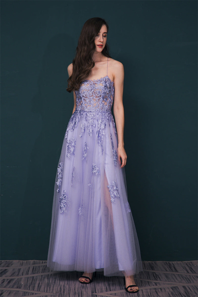 Lavender Spaghetti Strap Lace Appliques High split Prom Dress-Ballbella