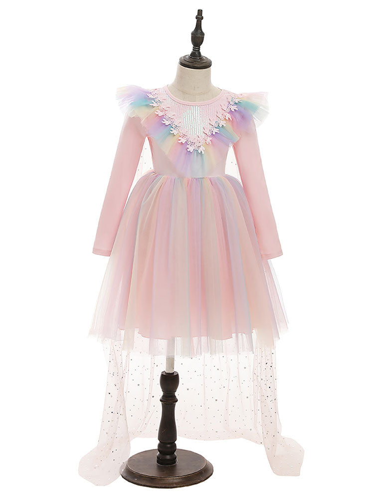 Light Blue Designed Neckline Polyester Sleeveless Short A-Line Polyester Cotton Tulle Sequins Kids Social Party Dresses-Ballbella