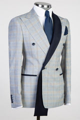 Light Blue Peaked Lapel Double-Breasted Plaid Prom Suit-Ballbella
