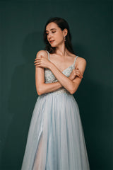 Light blue See-through Sparkle Appliques Prom Dress-Ballbella
