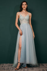 Light blue See-through Sparkle Appliques Prom Dress-Ballbella