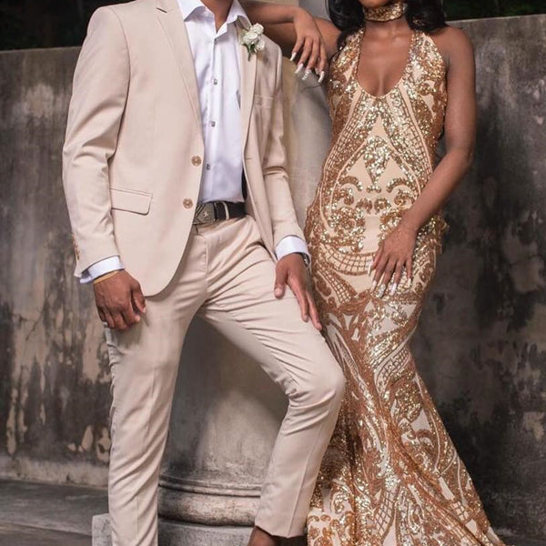 Light Champagne Notched Lapel Two-Button Prom Suit with Flaps