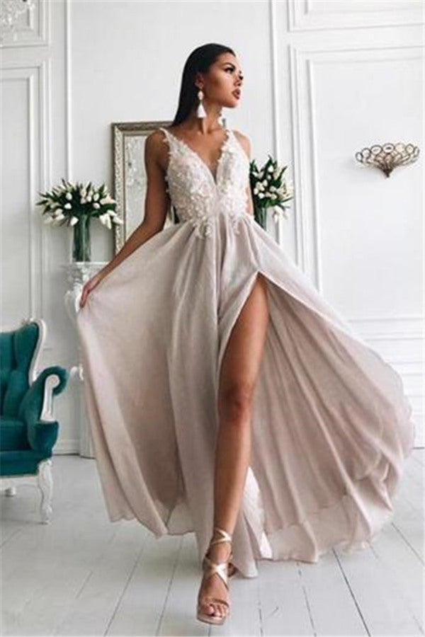 Light Chiffon Chic Slit Formal Dresses Lace Appliques Popular Long Evening Dress-Ballbella