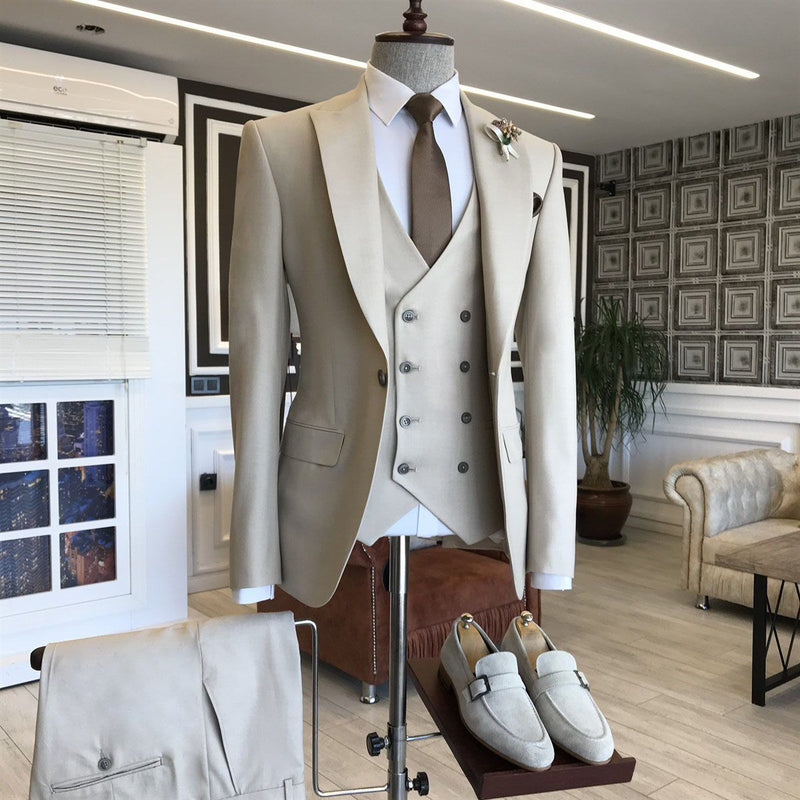 Light Khaki Three Pieces Peaked Lapel Formal Men's Business Suitss-Ballbella