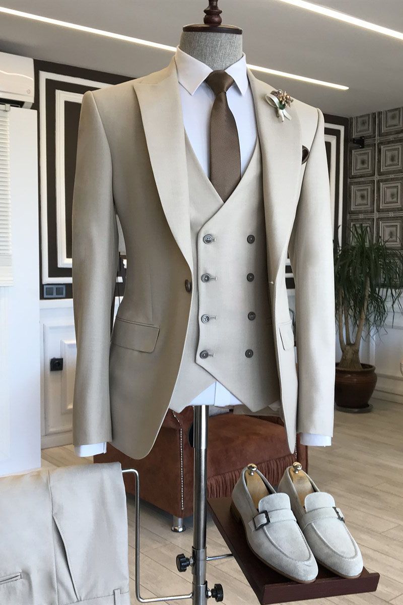 Light Khaki Three Pieces Peaked Lapel Formal Men's Business Suitss-Ballbella
