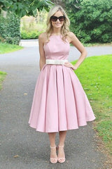 Ballbella offers Light Pink Halter Sleeveless Summer Homecoming Dress with Belt at a cheap price from Lace to A-line Tea-length hem. Gorgeous yet affordable  Prom Dresses