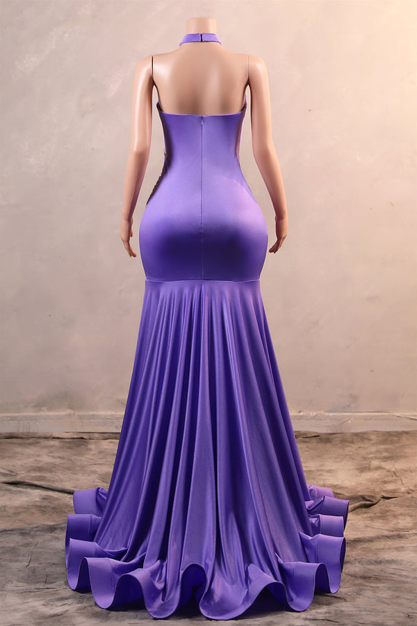Lilac High neck Silver Applqiues Mermaid Satin Prom Dresses-Ballbella