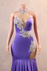 Lilac High neck Silver Applqiues Mermaid Satin Prom Dresses-Ballbella