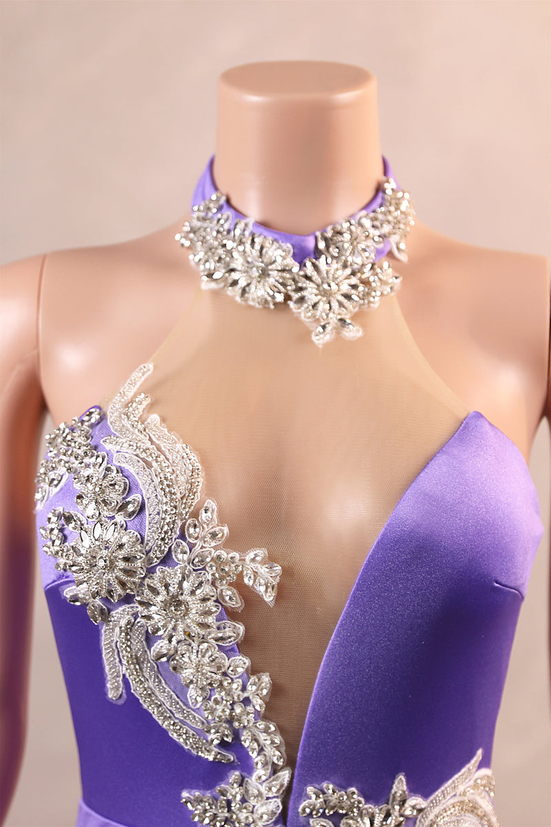 Lilac High neck Silver Applqiues Mermaid Satin Prom Dresses-Ballbella