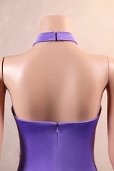 Lilac High neck Silver Applqiues Mermaid Satin Prom Dresses-Ballbella