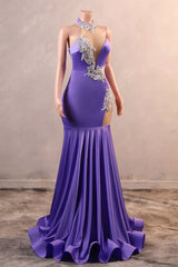Lilac High neck Silver Applqiues Mermaid Satin Prom Dresses-Ballbella