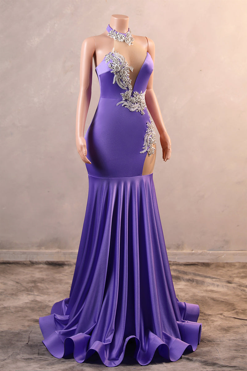Lilac High neck Silver Applqiues Mermaid Satin Prom Dresses-Ballbella
