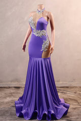 Lilac High neck Silver Applqiues Mermaid Satin Prom Dresses-Ballbella