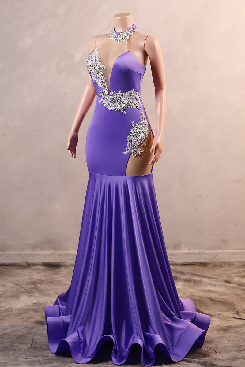 Lilac High neck Silver Applqiues Mermaid Satin Prom Dresses-Ballbella