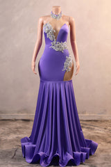 Lilac High neck Silver Applqiues Mermaid Satin Prom Dresses-Ballbella