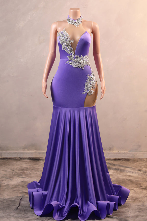 Lilac High neck Silver Applqiues Mermaid Satin Prom Dresses-Ballbella