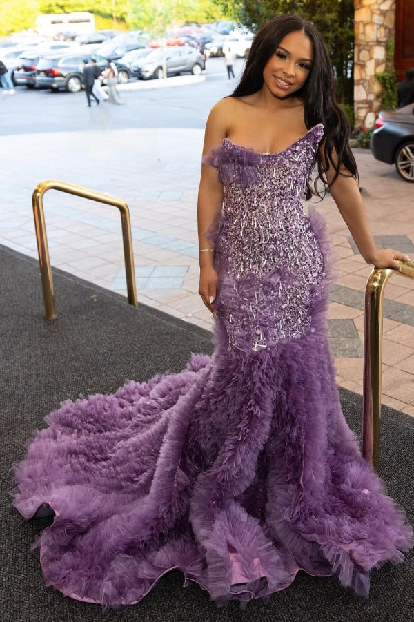 Lilac Modern One Shoulder Ruffles Front Slit Prom Dress-Ballbella