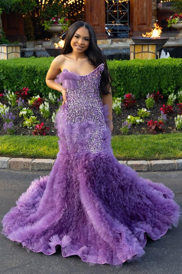 Lilac Modern One Shoulder Ruffles Front Slit Prom Dress-Ballbella