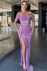 Lilac Off-the-Shoulder Sequins Prom Dress Long With Slit-Ballbella