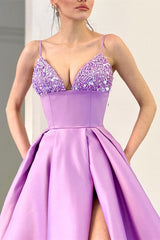Lilac Spaghetti-Straps Sleeveless Prom Dress Split Long With Sequins-Ballbella