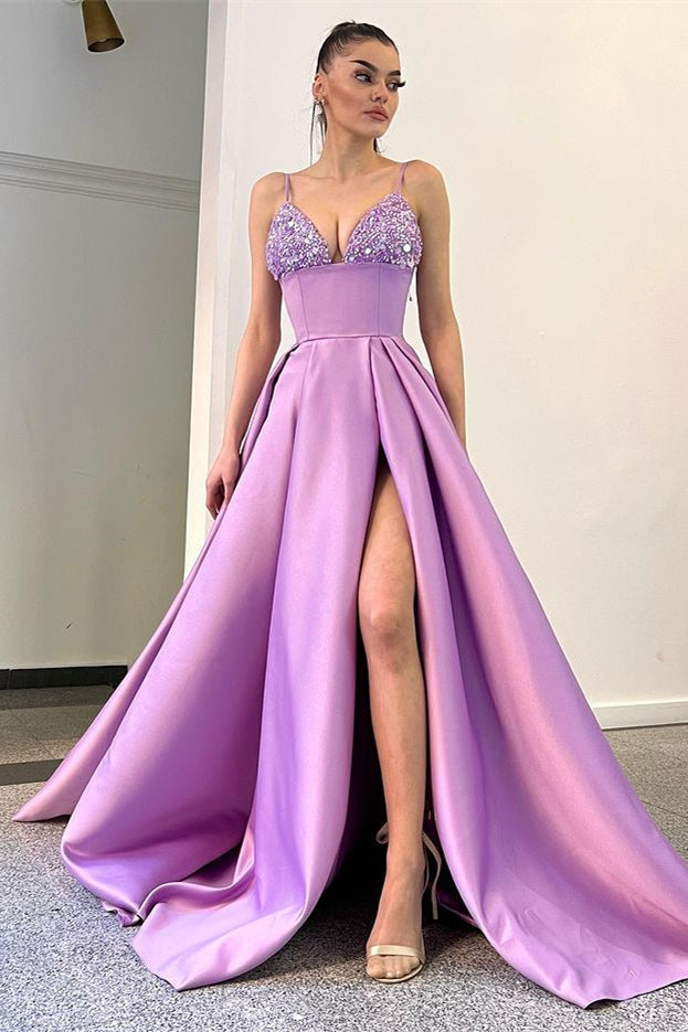 Lilac Spaghetti-Straps Sleeveless Prom Dress Split Long With Sequins-Ballbella