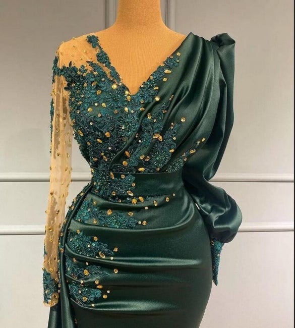 Long Dark Green Elegant Mermaid Prom Dress with Sleeves-Ballbella