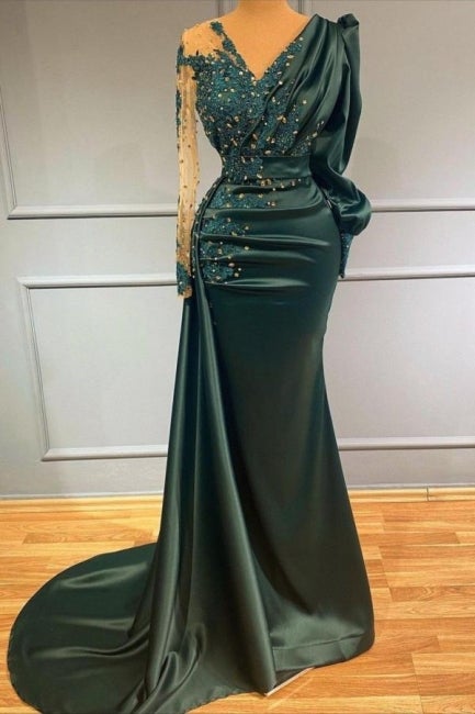 Long Dark Green Elegant Mermaid Prom Dress with Sleeves-Ballbella