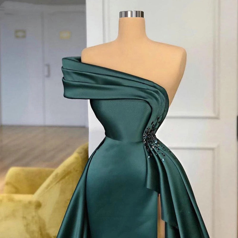 Long Dark Green Satin Prom Dresses Elegant Split Evening Gowns Long Dark Green Satin Prom Dresses Elegant Split Evening Gowns