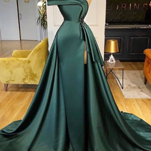 Long Dark Green Satin Prom Dresses Elegant Split Evening Gowns Long Dark Green Satin Prom Dresses Elegant Split Evening Gowns