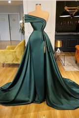 Long Dark Green Satin Prom Dresses Elegant Split Evening Gowns-Ballbella
