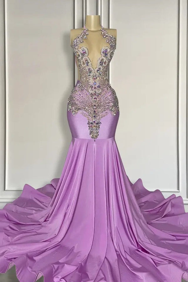 Long Lilac Sleeveless Halter Mermaid Prom Dress With Beadings Ballbella Long Lilac Sleeveless Halter Mermaid Prom Dress With Beadings Ballbella
