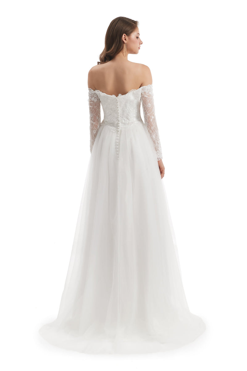 Long Mermaid Sweetheart Strapless Long Sleeve Open Back Appliques Lace Wedding Dress-Ballbella